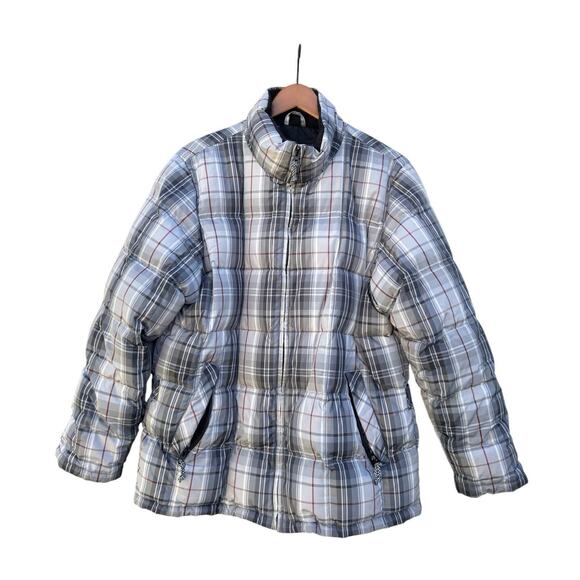 Eddie Bauer Weather-edge Gray Plaid Goose Down Blend Puffer Coat Women’s L - Picture 1 of 10